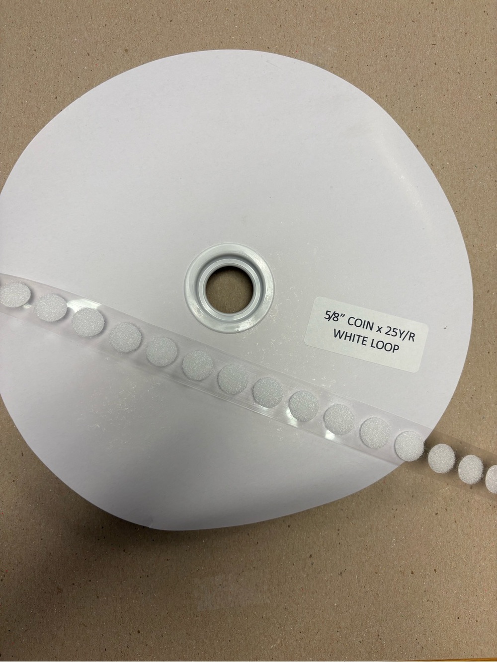Self Sticking Stick White Coin Loops 5/8” 25 Yards